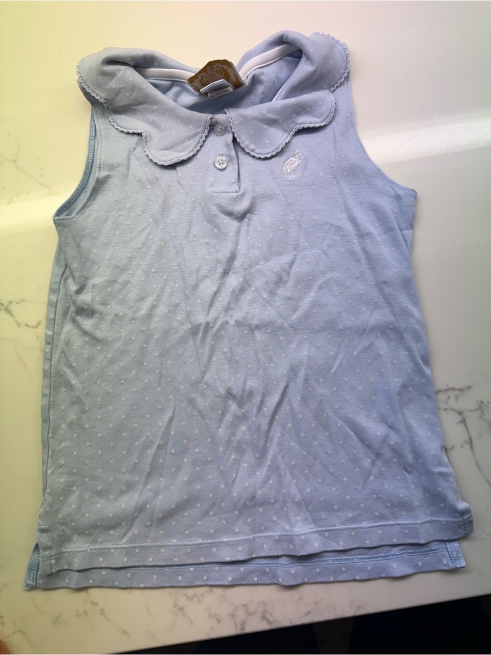 Light Blue Polka Dot Sleeveless Top with Scalloped Collar - Kids
